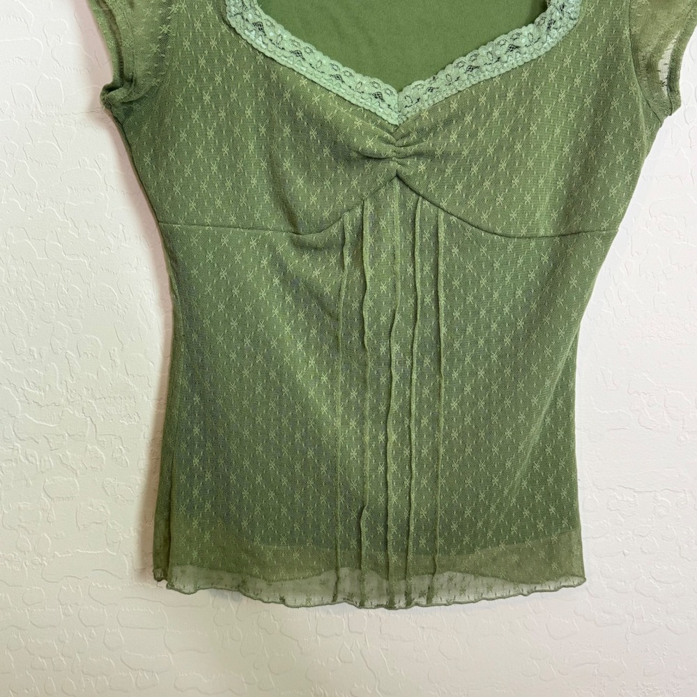 Y2K Romantic Olive Green Mesh Lace Sweetheart Floral Pointelle Top Boho Sz M - Picture 3 of 8